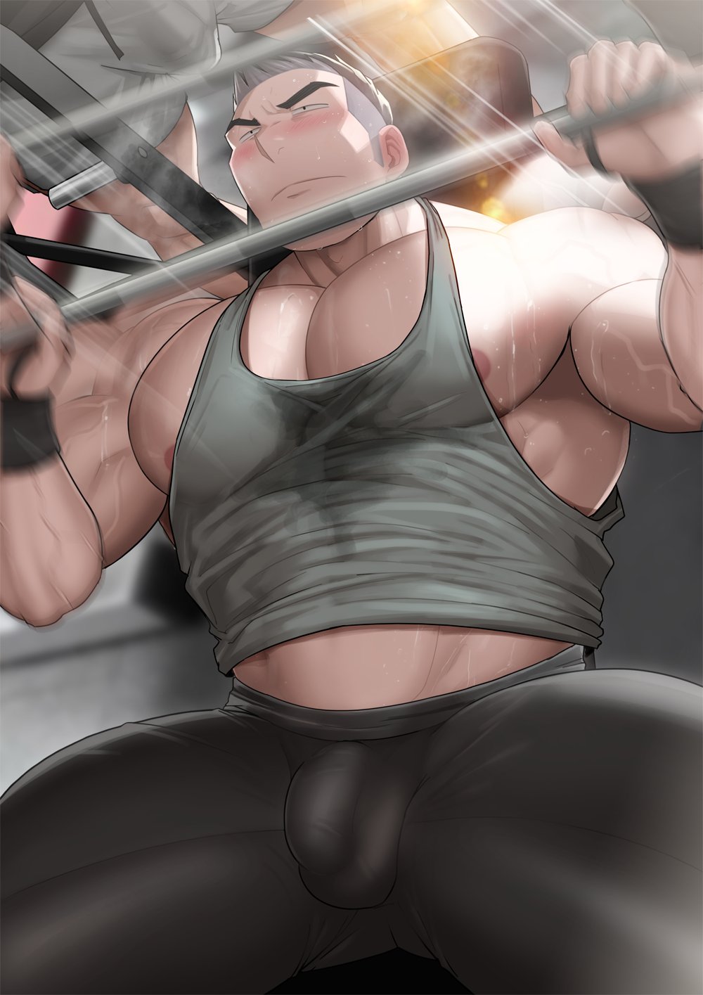 1boy absol_(dkqthf) bara barbell black_hair black_tank_top blush bulge closed_mouth exercise highres large_pectorals male_focus muscular muscular_male nipples original pectorals short_hair solo tank_top thick_thighs thighs weightlifting