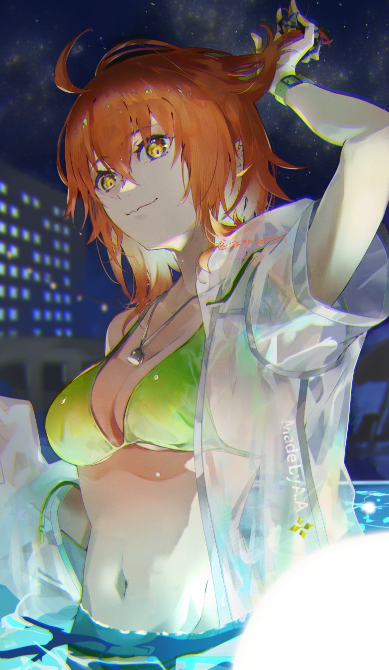 1girl ahoge bare_shoulders breasts cleavage fate/grand_order fate_(series) fujimaru_ritsuka_(female) fujimaru_ritsuka_(female)_(summer_street) hanako_(onikutabetaiyo) highres jewelry looking_at_viewer medium_breasts navel necklace night night_sky off_shoulder open_clothes orange_eyes orange_hair see-through shirt short_hair short_sleeves sky smile solo wading water wet white_shirt