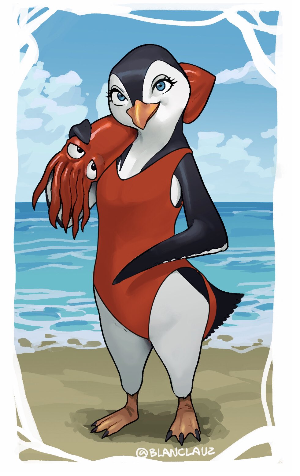 2023 anthro avian beach beak bird black_body blanclauz blue_eyes cephalopod clothing coleoid day decapodiform duo eyelashes female feral flippers hi_res izra lani_aliikai looking_at_viewer male male/female marine mollusk multicolored_body nude one-piece_swimsuit penguin red_clothing sand sea seaside signature sony_corporation surf's_up swimwear tail tentacles third-party_edit two_tone_body water white_body
