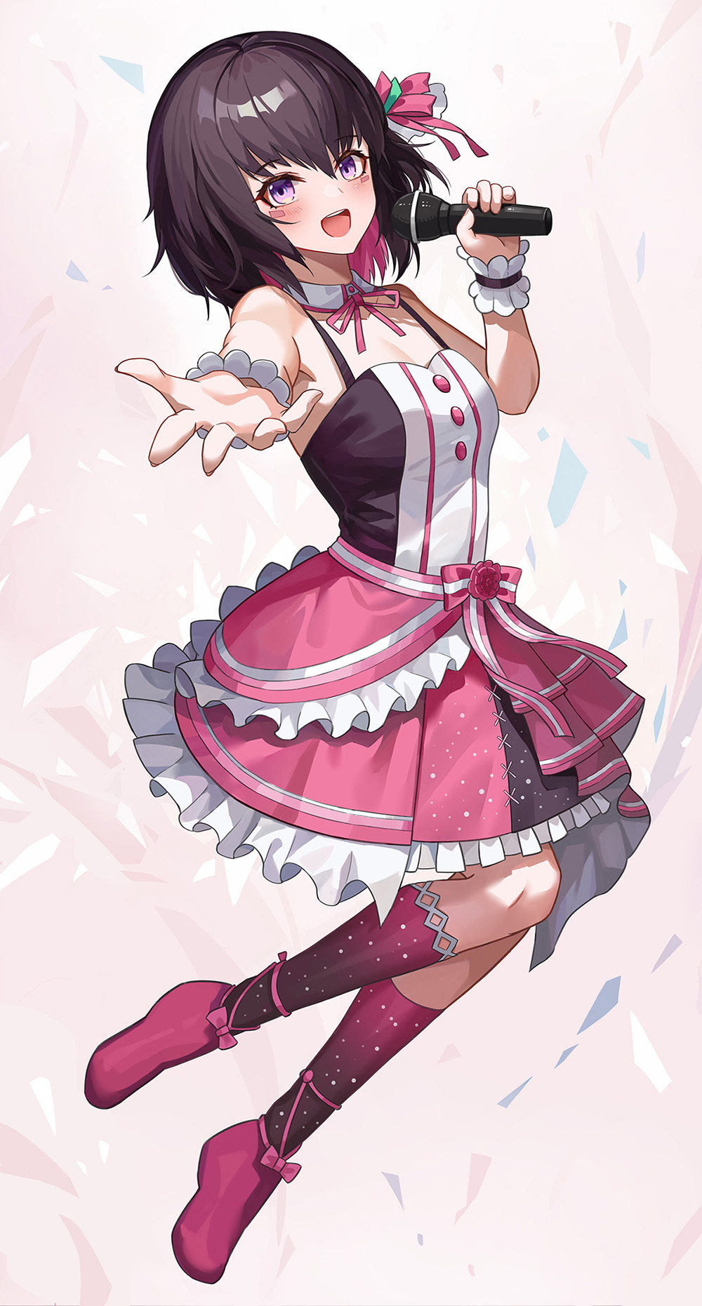 1girl :d azki_(3rd_costume)_(hololive) azki_(hololive) beckoning black_socks blush bow brown_hair choppy_bangs colored_inner_hair commentary detached_collar dress facial_mark frilled_skirt frills full_body gradient_legwear hair_ribbon highres holding holding_microphone hololive idol idol_clothes jiang_shennong jumping kneehighs knees_up layered_skirt looking_at_viewer medium_hair microphone multicolored_hair neck_ribbon open_mouth overskirt pink_dress pink_hair pink_ribbon pink_sash pink_skirt pink_socks purple_eyes reaching reaching_towards_viewer red_footwear ribbon sash short_dress skirt sleeveless sleeveless_dress smile socks solo teeth upper_teeth_only virtual_youtuber waist_bow wing_collar wrist_cuffs
