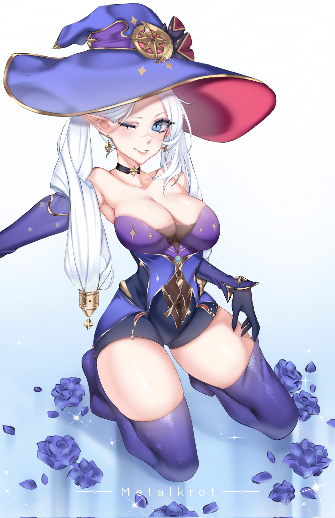1girl artist_name bare_shoulders black_gloves black_shorts blue_eyes blue_flower blue_headwear blue_rose blue_thighhighs breasts cleavage collarbone cosplay detached_sleeves english_commentary flower genshin_impact gloves hair_behind_ear hat highres indie_virtual_youtuber kneeling long_pointy_ears looking_to_the_side medium_breasts metalkrot mona_(genshin_impact) mona_(genshin_impact)_(cosplay) mona_(pact_of_stars_and_moon)_(genshin_impact) one_eye_closed pointy_ears rose scar scar_on_face scar_on_nose shorts smile solo sparkle strapless thighhighs thighhighs_pull valentina_chisei virtual_youtuber white_hair witch_hat