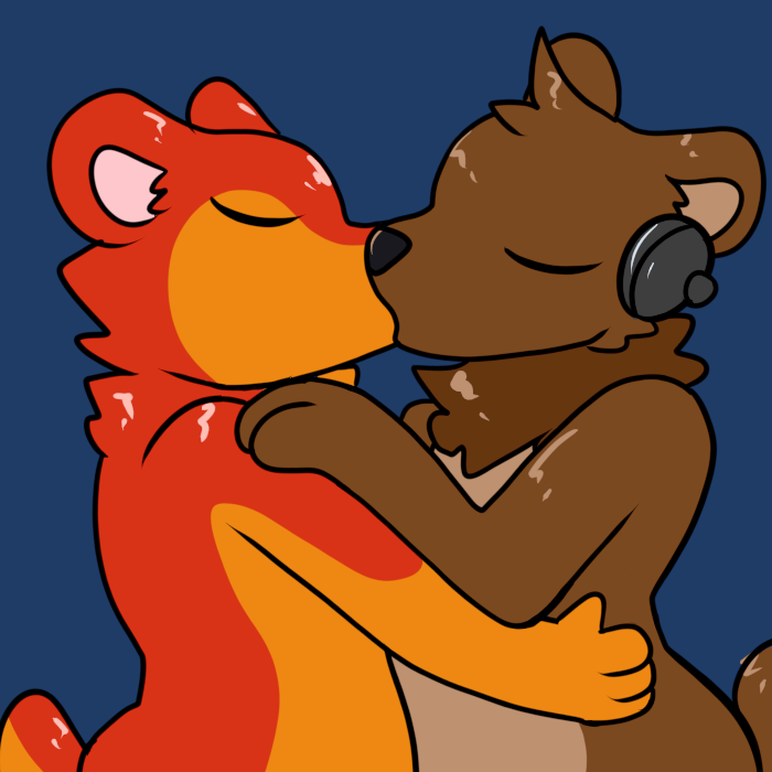 2023 anthro bear bearphones blue_background brown_bear brown_body brown_fur duo eyes_closed fur grizzly_bear hand_on_hip hand_on_shoulder headphones kissing koda_(oga) male male/male mammal neck_tuft nude prate-dragon reaction_image side_view simple_background standing tuft ursine