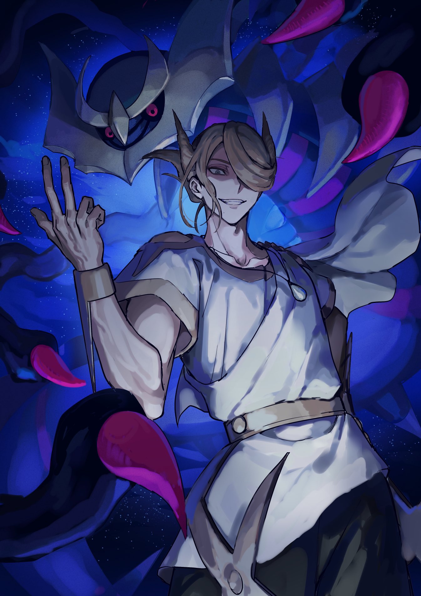 1boy blonde_hair clothing_cutout elemoncake evil_smile giratina grin hair_over_one_eye highres jewelry male_focus necklace night official_alternate_costume official_alternate_hairstyle pants pointing pointing_up pokemon pokemon_(creature) pokemon_legends:_arceus shoulder_cutout smile volo_(pokemon)