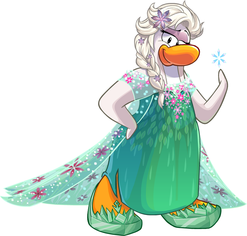 accessory avian bird braided_hair braided_ponytail cape clothing club_penguin crossover disney dress female floral_print footwear frozen_(movie) full-length_portrait green_clothing green_dress green_footwear hair hair_accessory hand_on_hip long_hair looking_at_viewer official_art penguin ponytail portrait print_cape print_clothing queen_elsa_(frozen) snowflake solo unknown_artist white_hair