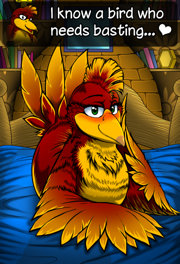 &lt;3 anthro avian banjo-kazooie beak bed bedroom_eyes book breegull detailed_background dialogue english_text feathers female furniture green_eyes inside inviting kazooie kitsune_youkai looking_at_viewer narrowed_eyes on_bed rareware red_body red_feathers seductive solo talking_to_viewer text text_box wings yellow_body yellow_feathers