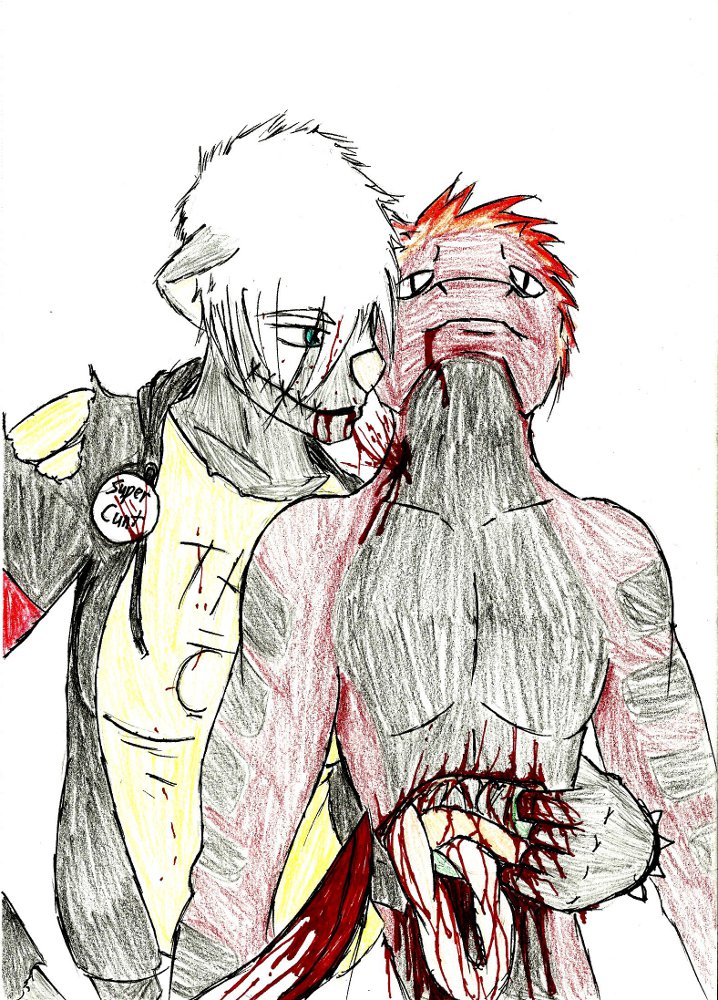2011 anthro armband black_body black_clothing black_skin black_topwear black_vest blood bodily_fluids clothed clothing duo frown furx_(character) gasmaskangel gore green_eyes guts happy knife lizard male organs red_body red_skin reptile sad scalie simple_background smile topless topwear traditional_media_(artwork) vest white_background