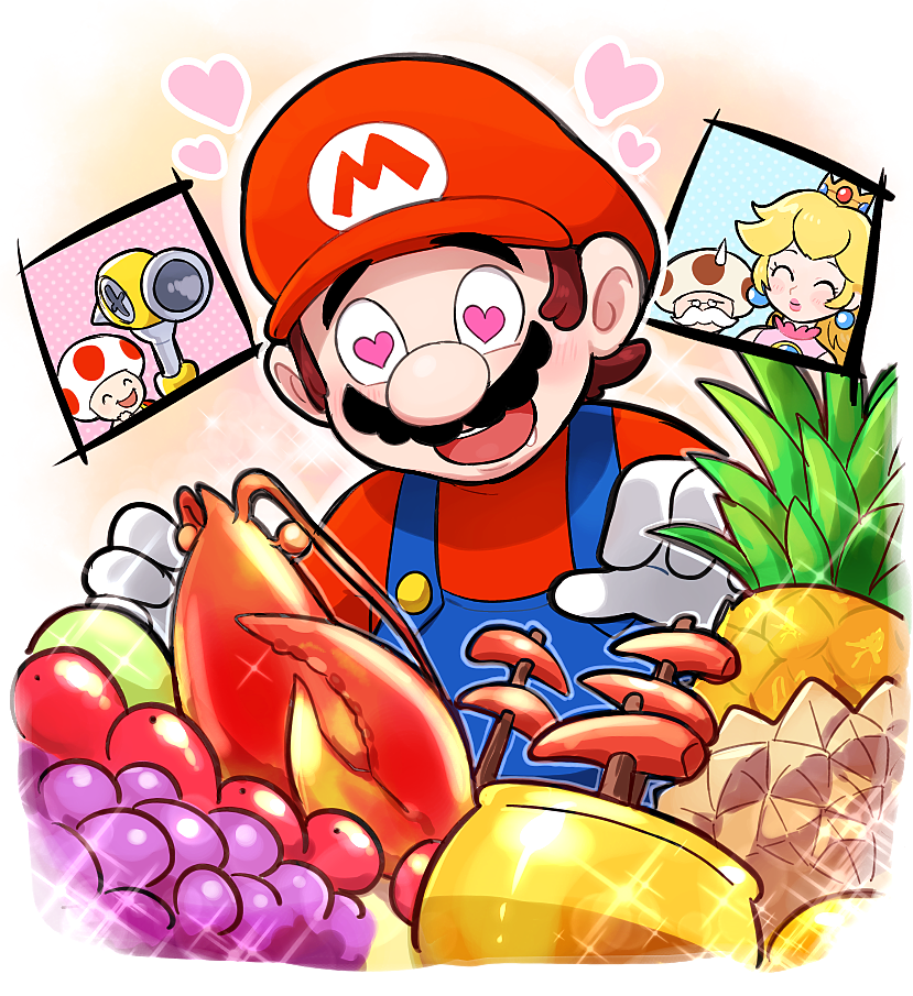 1girl 4boys blonde_hair blue_overalls brown_hair commentary crown durian earrings f.l.u.d.d. facial_hair food fruit gloves grapes hoshi_(star-name2000) jewelry lobster long_hair mario mario_(series) multiple_boys mustache overalls pineapple princess_peach red_shirt red_toad_(mario) shirt short_hair super_mario_sunshine toad_(mario) toadsworth