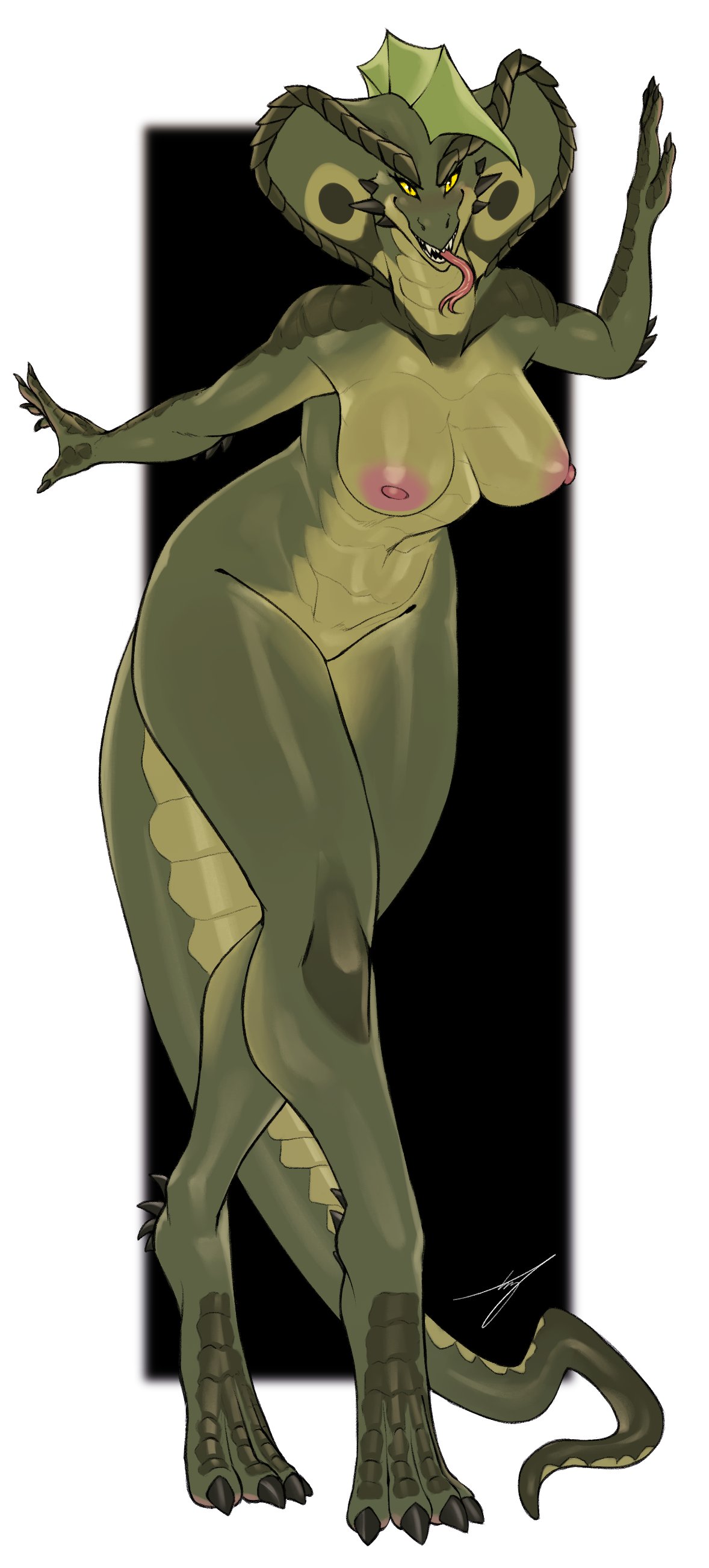 absurd_res anthro areola breasts claws cobra featureless_crotch female forked_tongue hb-viper hi_res long_legs long_tail looking_at_viewer medium_breasts nipples reptile scalie snake solo tail thick_tail thick_thighs tongue wide_hips