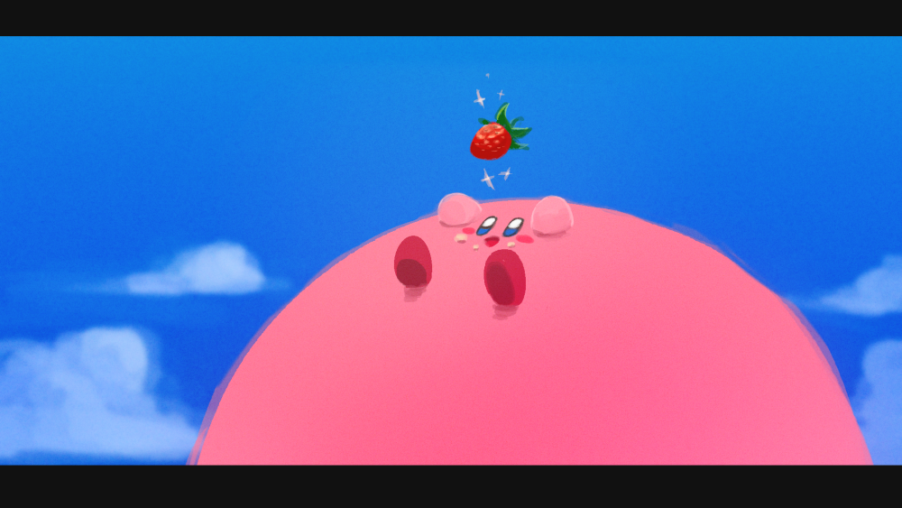 blue_sky blush_stickers cloud colored_skin commentary_request food fruit kirby kirby's_dream_buffet kirby_(series) letterboxed looking_up mikeli_li_(artist) no_humans pink_skin sky smile solid_oval_eyes solo sparkle strawberry