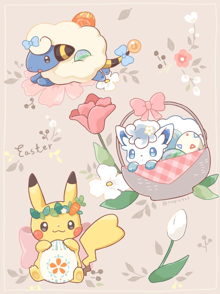 alolan_vulpix black_eyes blue_bow blue_eyes bow easter_egg egg floral_background floral_print flower head_wreath in_basket kana_(maple926) mareep pikachu pink_bow plaid pokemon pokemon_(creature) sitting togepi_egg tulip twitter_username