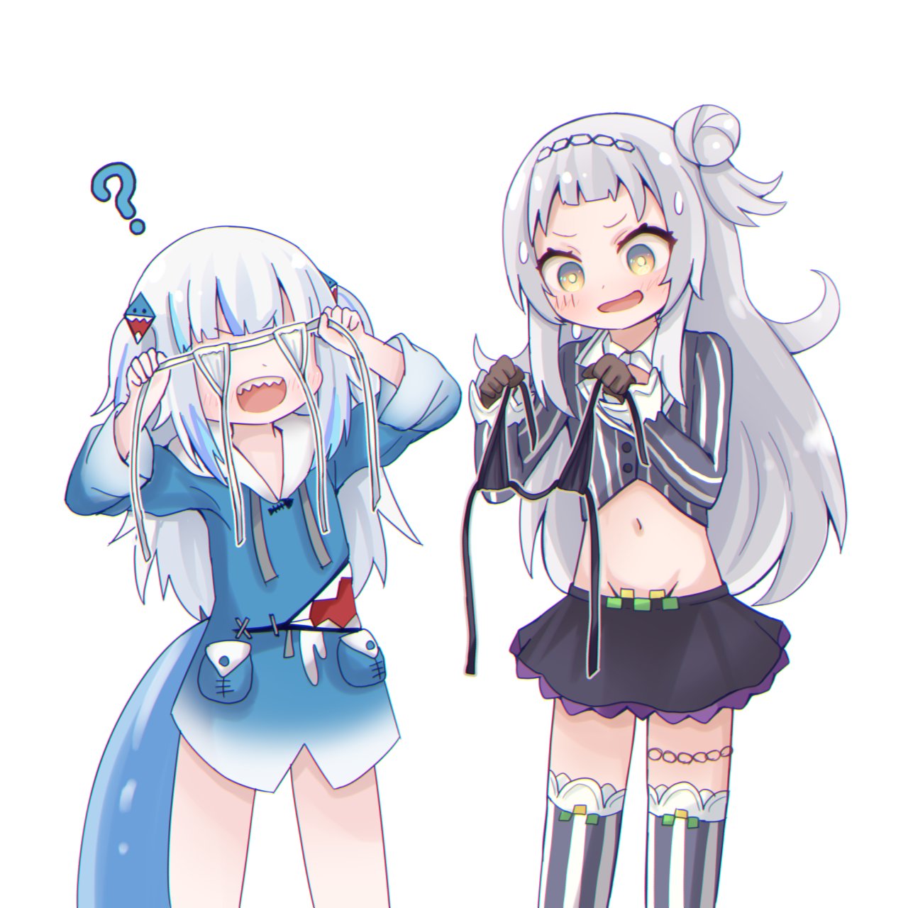 2girls ? animal_costume animal_hood black_skirt blue_hair blue_hoodie blunt_bangs blush bow bowtie choppy_bangs cropped_shirt embarrassed feet_out_of_frame fins fish_tail gawr_gura gawr_gura_(1st_costume) grey_hair grey_shirt grey_thighhighs hair_bun hair_ornament half_updo highres holding holding_clothes holding_swimsuit hololive hololive_english hood hoodie long_hair long_sleeves lowleg lowleg_skirt midriff miniskirt multicolored_hair multiple_girls murasaki_shion murasaki_shion_(1st_costume) nervous_sweating no_capelet no_headwear no_pants pink_bow pink_bowtie pinstripe_pattern pinstripe_shirt shark_costume shark_hair_ornament shark_hood shark_tail sharp_teeth shirt side_up_bun sidelocks simple_background single_side_bun skirt spoken_question_mark streaked_hair striped striped_shirt striped_thighhighs sweat swimsuit tail takatsurt teeth thighhighs two_side_up unworn_bikini_top vertical-striped_shirt vertical-striped_thighhighs vertical_stripes virtual_youtuber white_background wide_sleeves yellow_eyes