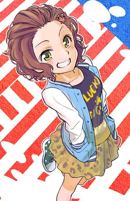 1girl blue_background blue_jacket blush brown_hair collarbone green_eyes hair_ornament hairclip idolmaster idolmaster_cinderella_girls idolmaster_cinderella_girls_starlight_stage jacket kyouno long_sleeves namba_emi open_clothes open_jacket open_mouth purple_shirt red_background shirt shoes short_hair skirt smile sneakers solo two-tone_background wavy_hair yellow_skirt