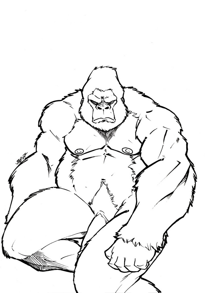 anthro ape black_and_white flaccid genitals glare gor_(tomcat) gorilla haplorhine inked ivybeth male mammal monochrome nipples nude pecs penis primate pubes solo