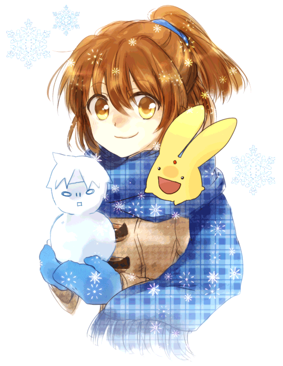 1girl 2girls arle_nadja blue_gloves blue_scarf brown_hair carbuncle_(puyopuyo) gloves holding jacket looking_at_viewer madou_monogatari multiple_girls ponytail puyopuyo scarf schezo_wegey smile snow snowing snowman tea0310 white_background yellow_eyes