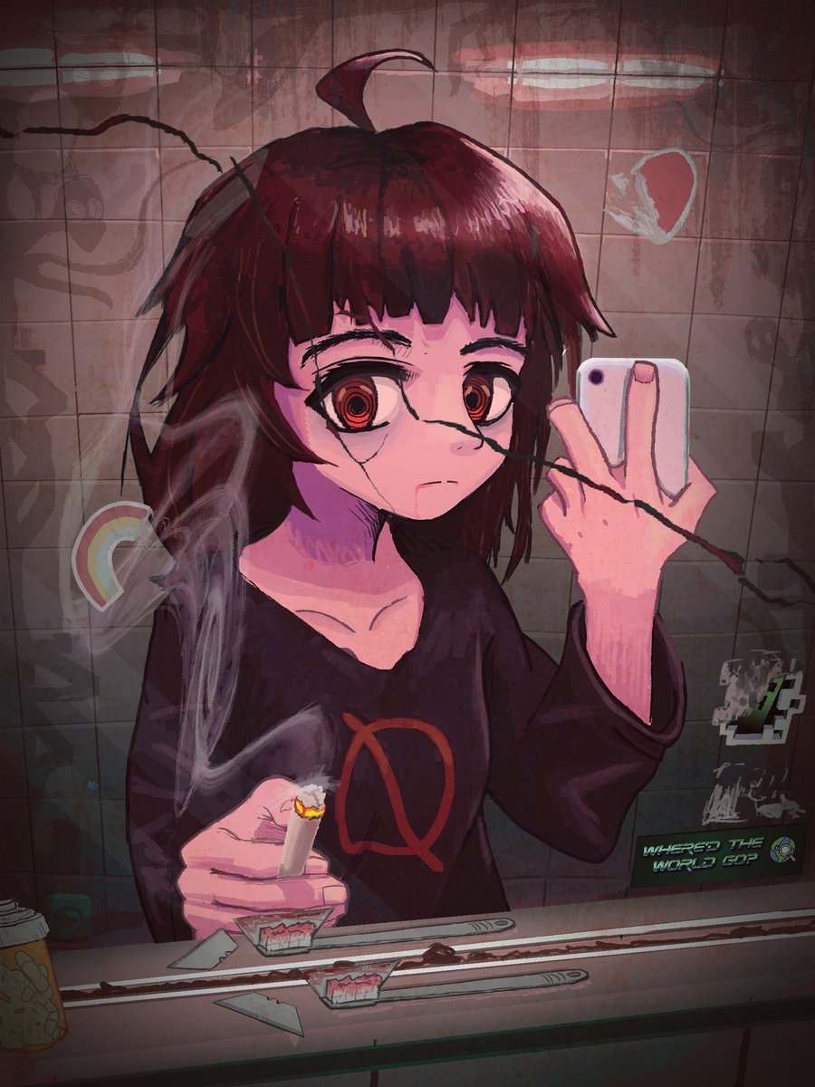 1girl ahoge bathroom black_shirt blood blood_from_mouth brown_hair cellphone cigarette closed_mouth collarbone creeper english_text fingernails frown globe hand_up heart heart_sticker highres holding holding_cigarette holding_phone indoors long_hair long_sleeves looking_at_viewer milk-chan_(milk_series) milk_outside_a_bag_of_milk_outside_a_bag_of_milk minecraft mirror phone pill pill_bottle rainbow razor_blade red_eyes reflection ringed_eyes saghaley shirt smartphone smoke solo sticker taking_picture tile_wall tiles toothbrush upper_body