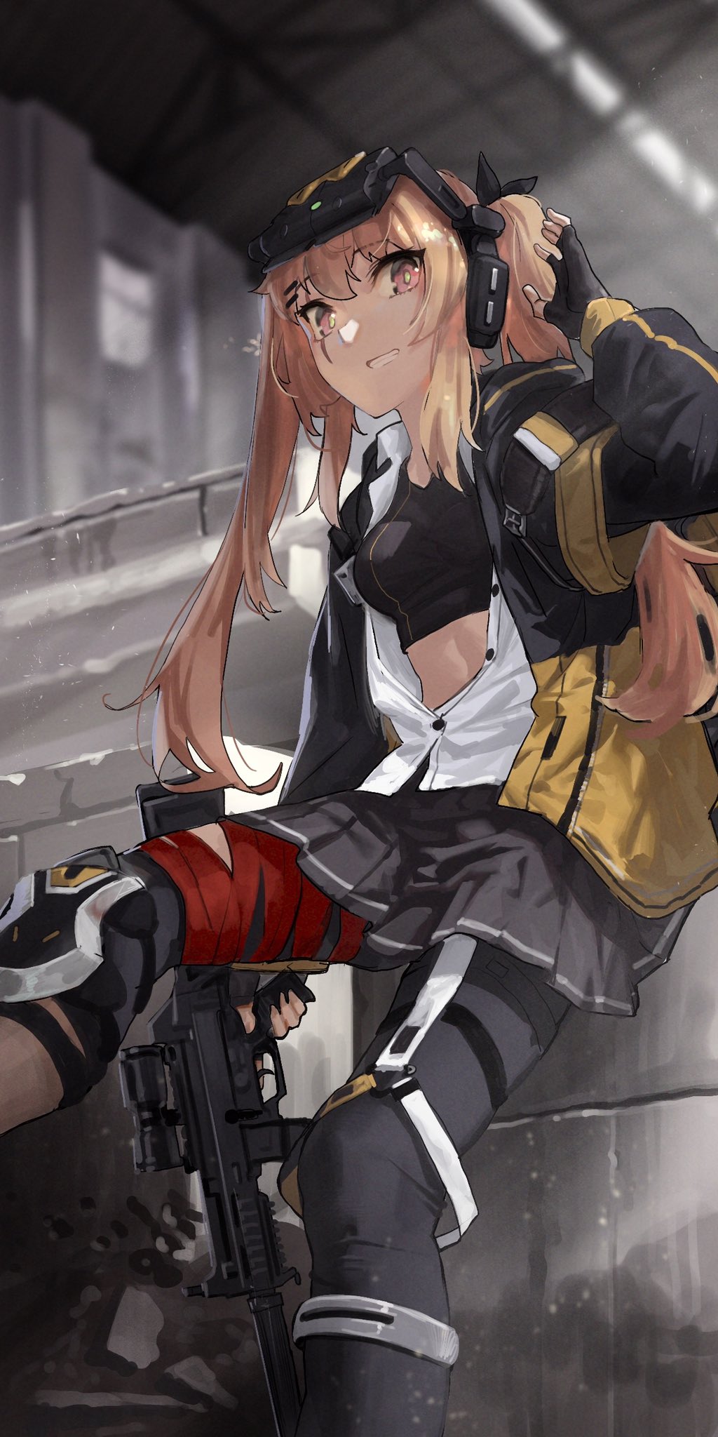 1girl against_wall arm_up black_gloves black_pants black_skirt blurry blurry_background breasts brown_hair feet_out_of_frame fingerless_gloves girls'_frontline gloves grin gun h&amp;k_ump had_(had314) highres holding holding_gun holding_weapon interface_headset jacket knee_pads long_hair looking_at_viewer miniskirt open_clothes open_jacket pants partially_unbuttoned pink_eyes scar scar_across_eye shirt single_knee_pad skirt small_breasts smile solo sports_bra submachine_gun twintails ump9_(girls'_frontline) ump9_(mod3)_(girls'_frontline) weapon white_shirt
