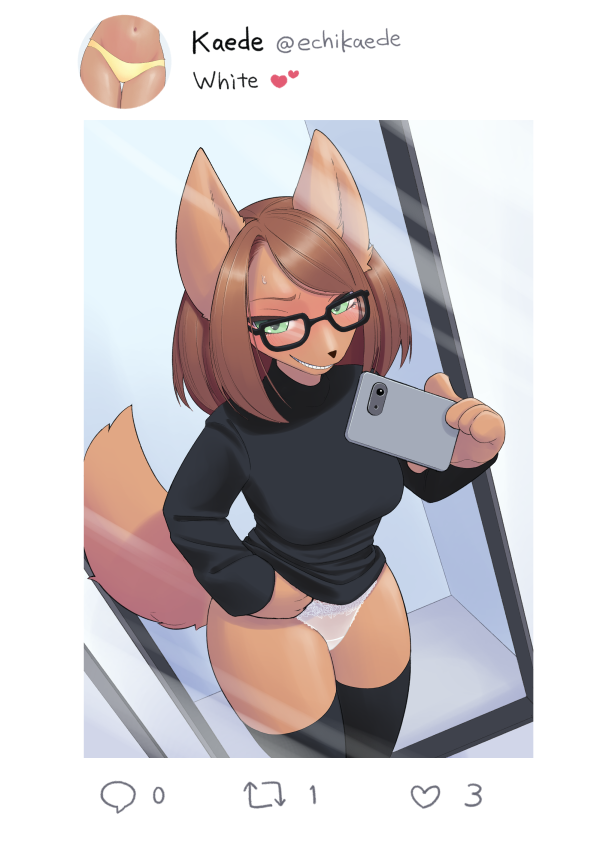 2023 anthro big_breasts blush breasts canid canine canis clothed clothing digital_media_(artwork) domestic_dog eyewear female female_anthro fur glasses hair kemono legwear looking_at_viewer mammal mirror mirror_reflection mirror_selfie panties pantsless reflection selfie solo thigh_highs underwear unousaya white_clothing white_panties white_underwear