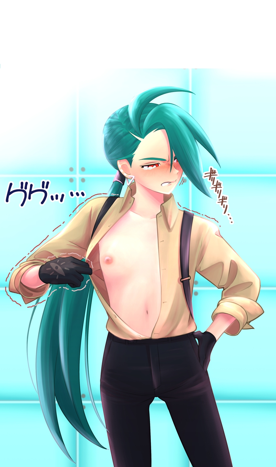 1girl ahoge black_gloves blush clenched_teeth collared_shirt commentary_request dice77252 flat_chest gloves green_hair hand_on_own_hip highres long_hair looking_to_the_side navel nipples open_clothes open_shirt opened_by_self pants parted_lips pokemon pokemon_(game) pokemon_sv ponytail red_eyes rika_(pokemon) shirt sleeves_rolled_up solo suspenders tearing_up teeth trembling yellow_shirt