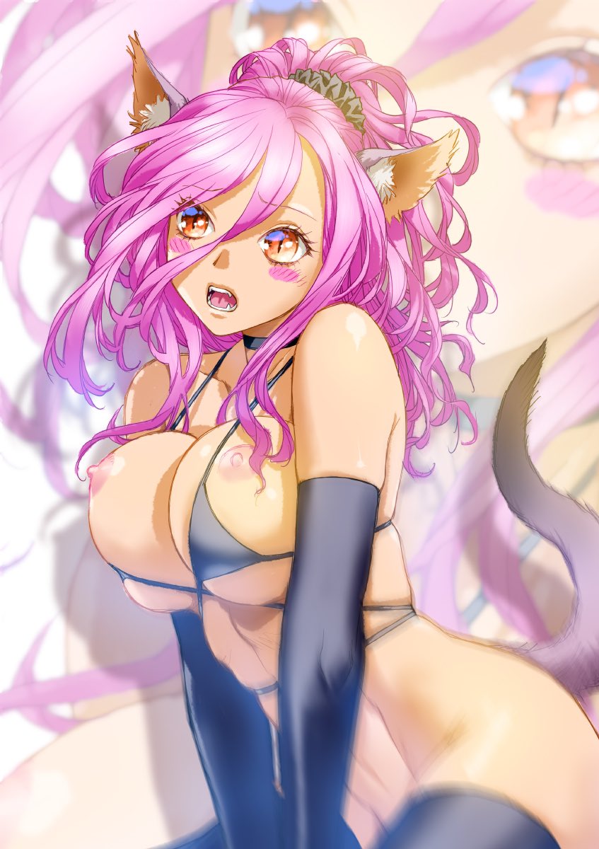 1girl animal_ears bikini black_gloves black_scrunchie black_thighhighs blush_stickers bottomless breasts breasts_out cat_ears cat_girl cat_tail elbow_gloves eyelashes fangs gloves hair_between_eyes hair_ornament hair_scrunchie highres long_hair micro_bikini nipples open_mouth orange_eyes original pink_hair scrunchie slit_pupils solo swimsuit tail thighhighs yui_toshiki zoom_layer