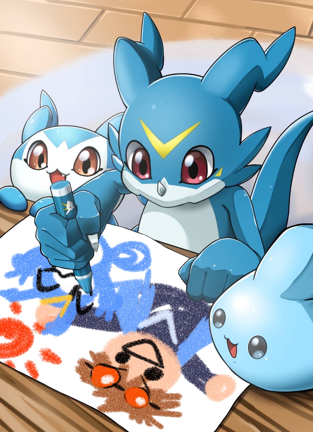 anthro bandai_namco blue_body crayon digimon digimon_(species) drawing evolutionary_family feral group hi_res horn male manchi_kaaan red_eyes scalie trio veemon