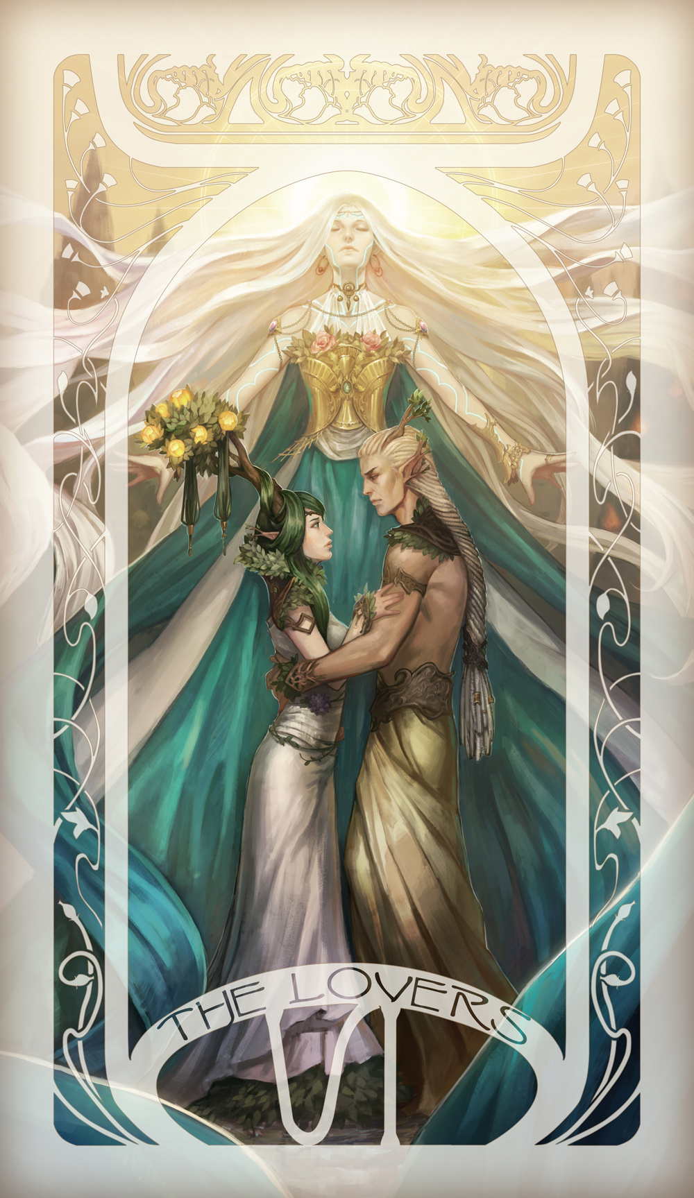 1boy 2girls armlet blue_dress closed_eyes dress earrings eye_contact green_eyes green_hair hand_on_another's_arm hetero highres jewelry long_hair looking_at_another low-tied_long_hair multiple_girls noa_ikeda original pointy_ears profile tarot the_lovers_(tarot) topless_male white_hair