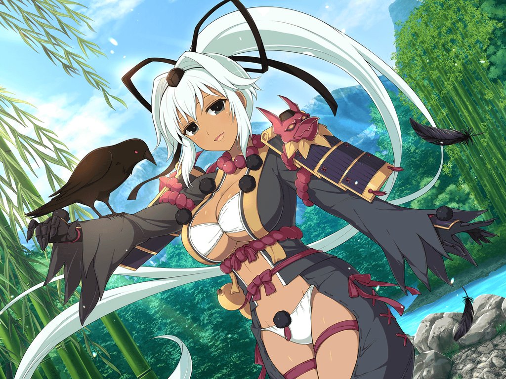 1girl animal animal_on_arm armor bamboo bamboo_forest bead_necklace beads bird bird_on_arm black_bird black_bow black_eyes black_feathers black_ribbon black_wings blue_sky blush bow bra breasts cleavage cloud crow dark-skinned_female dark_skin day falling_feathers feathers forest gourd groin hair_bow hair_ribbon hat high_ponytail japanese_armor japanese_clothes jewelry kote kurokote large_breasts linea_alba long_hair long_sleeves looking_at_viewer mask mountain mountainous_horizon nature navel necklace official_alternate_costume official_art open_mouth outdoors panties pom_pom_(clothes) ponytail revealing_clothes ribbon ribbon-trimmed_bra river rock senran_kagura senran_kagura_new_link senran_kagura_new_wave shoulder_armor sky smile sode solo tassel tengu_mask thigh_strap tokin_hat tongue tree underboob underwear very_long_hair water white_bra white_hair white_panties wings yaegashi_nan yuyaki_(senran_kagura)