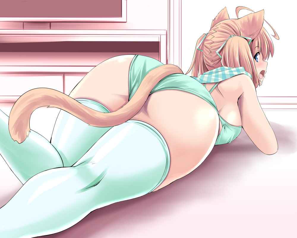 1girl ahoge animal_ears ass bikini blonde_hair blue_eyes breasts cat_ears cat_girl cat_tail from_behind green_bikini green_thighhighs indoors large_breasts looking_at_viewer looking_back lying on_stomach open_mouth original pudding_(tonpuu) scarf solo swimsuit tail thighhighs tonpuu twintails