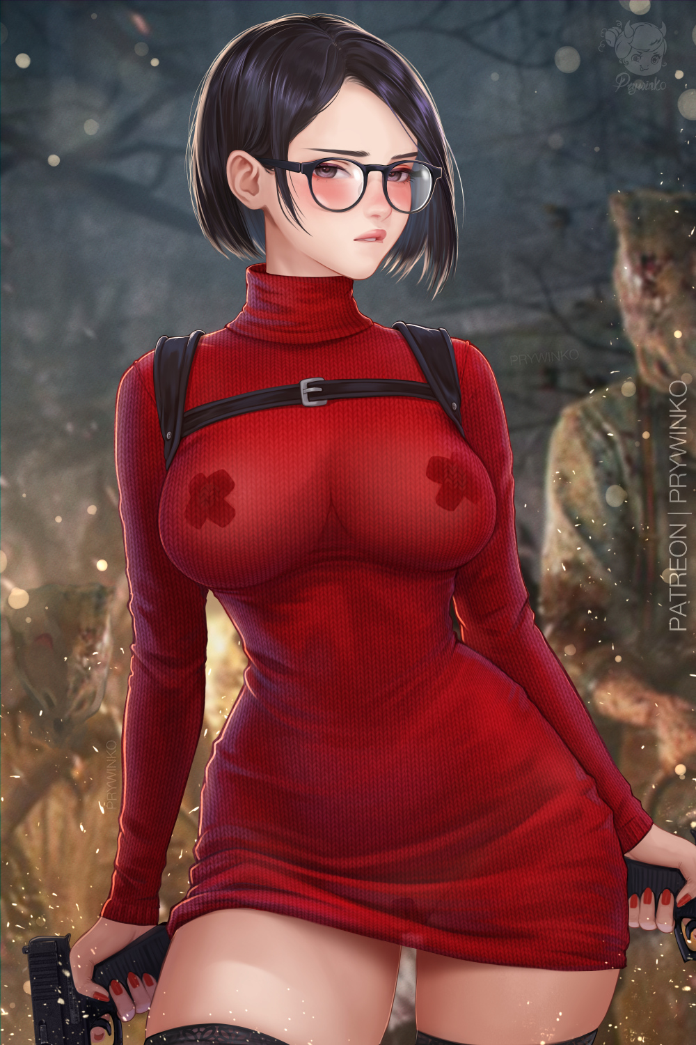 1girl 2boys 3d_background ada_wong arms_at_sides artist_logo artist_name biting black_eyes black_hair black_panties black_thighhighs blood blood_on_clothes blurry blurry_background blush bob_cut bokeh bra bra_visible_through_clothes breasts buckle cleavage closed_mouth contrapposto cowboy_shot depth_of_field dress dual_wielding finger_on_trigger glasses gun handgun harness highres holding holding_gun holding_weapon lace-trimmed_legwear lace-trimmed_panties lace_trim large_breasts light_particles lip_biting lips long_sleeves looking_afar looking_to_the_side multiple_boys nail_polish outdoors panties parted_bangs pasties pink_lips prywinko red_dress red_nails resident_evil resident_evil_4 resident_evil_4_(remake) see-through shirt short_dress short_hair signature solo_focus standing straight-on straight_hair sweater sweater_dress swept_bangs thick_thighs thighhighs thighs turtleneck turtleneck_dress underwear weapon wide_hips zettai_ryouiki