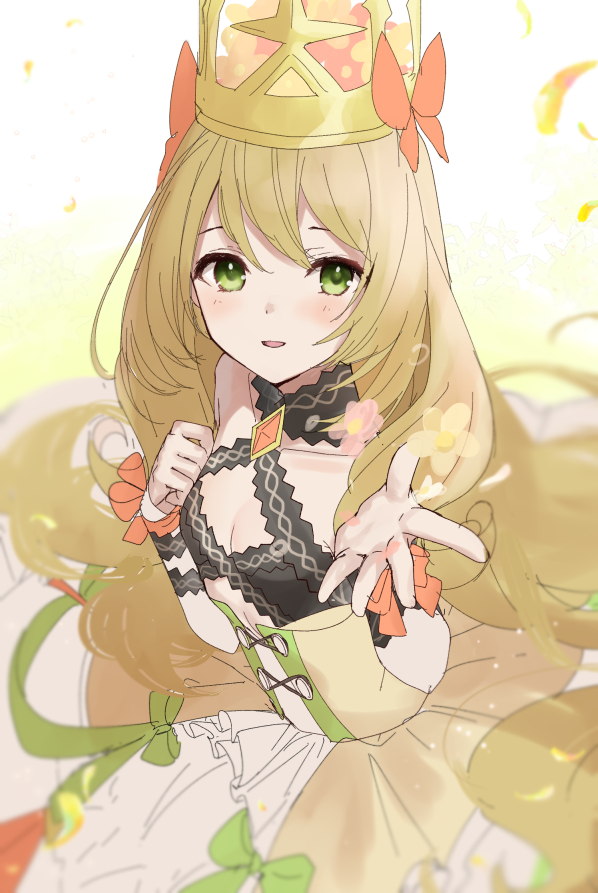 1girl blonde_hair bow breasts butterfly_hair_ornament celine_(fire_emblem) cleavage crown detached_sleeves dress dress_bow fire_emblem fire_emblem_engage flower green_bow green_eyes hair_flower hair_ornament haru_(nakajou-28) long_hair orange_bow outstretched_hand parted_lips small_breasts solo very_long_hair wrist_bow yellow_dress