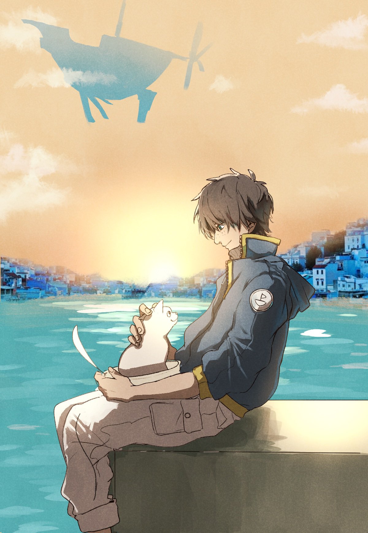 1boy aircraft airship blue_jacket brown_hair building cargo_pants cat city cloud commentary_request freckles from_side highres hood hooded_jacket jacket male_focus orange_sky original pants pants_rolled_up profile river sitting sky smile tokoame white_pants