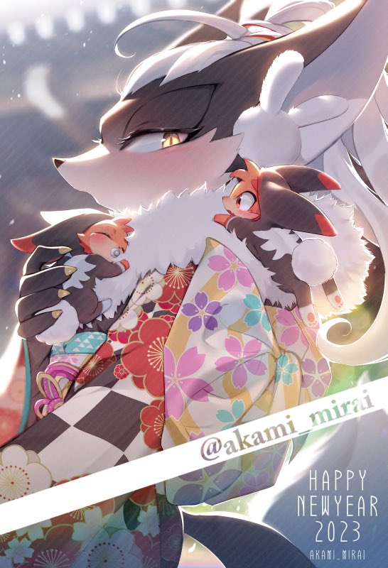2023 3boys alternate_costume animal_costume animal_ears animal_nose artist_name avatar_(sonic_forces) back_bow black_fur blurry blurry_background blush bow checkered_clothes claws closed_eyes closed_mouth eyelashes fake_animal_ears fake_tail fang floral_print fur-trimmed_kimono fur_trim furry furry_male half-closed_eyes hand_up happy_new_year iiimirai infinite_(sonic) jackal_boy jackal_ears jackal_tail japanese_clothes kimono long_hair long_sleeves looking_at_another male_focus multiple_boys open_mouth rabbit_costume rabbit_ears rabbit_tail red_eyes red_fur skin_fang sleeping sonic_(series) sonic_forces standing tail watermark white_bow white_hair white_kimono wide_sleeves wolf_boy yellow_eyes