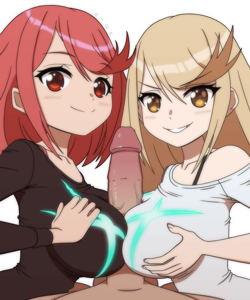 1boy 2girls :d animated animated_gif black_shirt blonde_hair breasts casual circlet closed_mouth clothed_female_nude_male double_paizuri earrings grin hetero highres jewelry kyde large_breasts large_penis long_hair long_sleeves looking_at_viewer medium_hair multiple_girls mythra_(xenoblade) nude penis pov pyra_(xenoblade) red_eyes red_hair shirt simple_background smile teeth v-shaped_eyebrows veins veiny_penis white_background white_shirt xenoblade_chronicles_(series) xenoblade_chronicles_2 yellow_eyes