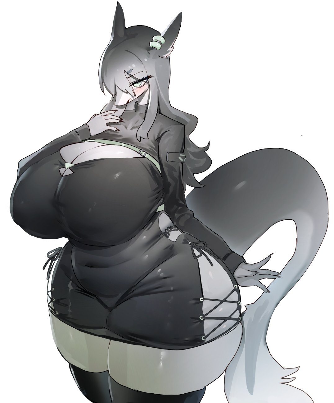 anthro big_breasts blush breasts cleavage clothed clothing dragon female hi_res huge_breasts legwear solo thick_thighs thigh_highs utterangle