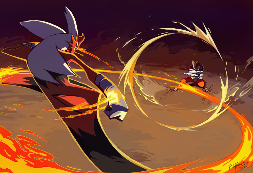 abstract_background arms_up bandaged_hand bandages bisharp blaziken closed_mouth colored_sclera dust_cloud dynamic_pose fighting_stance fire flying_kick kicking looking_at_another outdoors outline pokemon pokemon_battle pyrokinesis ruby_feather shockwave yellow_outline yellow_sclera