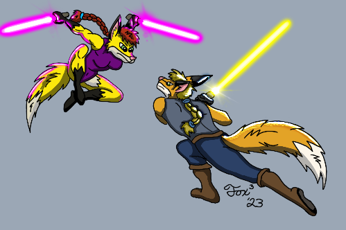 anthro battle canid canine duo female fox humanoid jedi lightsaber low_res male male/female mammal melee_weapon reywoof star_wars tod_(disambiguation) weapon