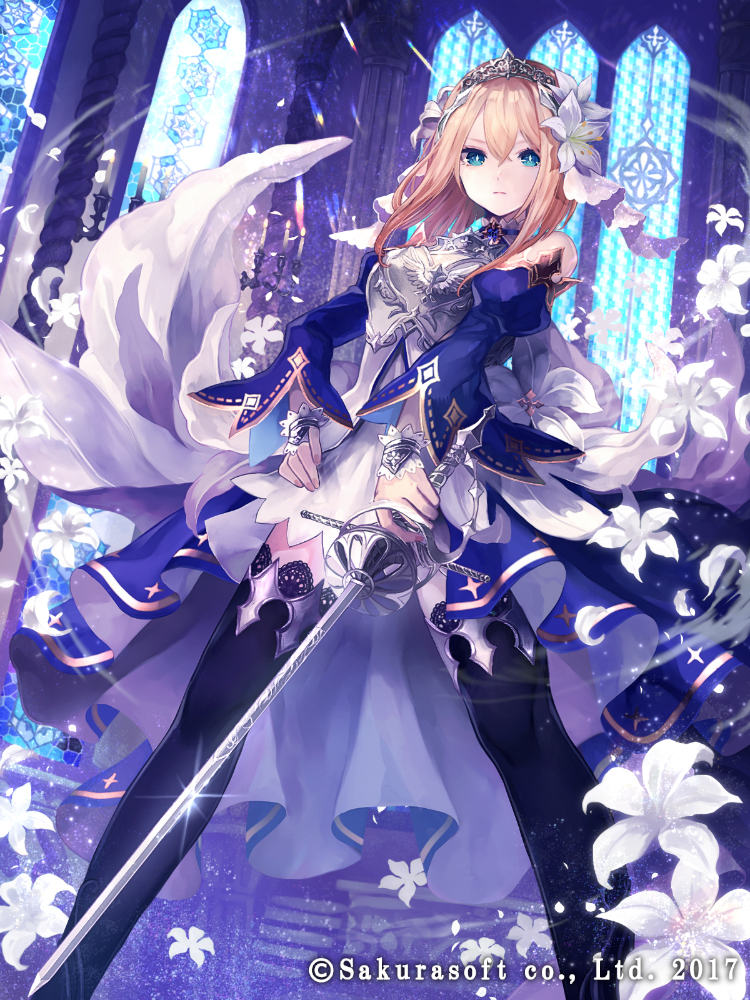 1girl aqua_eyes armor black_thighhighs blonde_hair blue_dress breastplate church closed_mouth copyright detached_sleeves double-parted_bangs dress dress_flower feet_out_of_frame flower gold_trim hair_between_eyes hair_flower hair_ornament hand_on_own_hip holding holding_sword holding_weapon indoors juliet_sleeves lace-trimmed_legwear lace-trimmed_thighhighs lace_trim legs_apart lily_(flower) long_sleeves looking_at_viewer medium_hair natsuiro_xx official_art overskirt pink_nails puffy_sleeves rapier serious solo stained_glass standing sword teikoku_senki thighhighs tiara veil weapon white_dress white_flower white_lily white_veil window wrist_cuffs