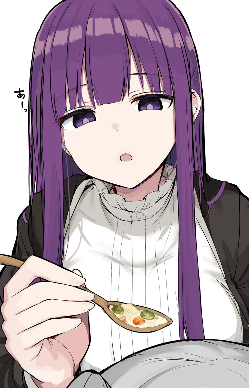 2girls black_jacket breasts commentary_request dress feeding fern_(sousou_no_frieren) food frieren grey_hair highres holding holding_spoon jacket large_breasts long_hair multiple_girls open_clothes open_jacket open_mouth purple_eyes purple_hair rouka_(akatyann) simple_background solo_focus sousou_no_frieren spoon translation_request white_background white_dress