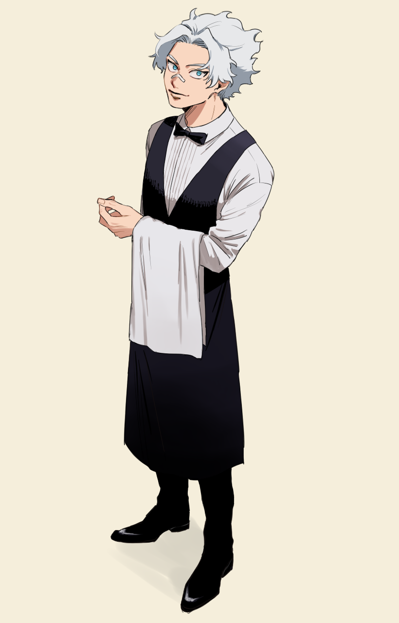 1boy adam's_apple apron arm_at_side bandaid bandaid_on_face bandaid_on_nose black_apron black_bow black_bowtie black_footwear black_vest blue_eyes boku_no_hero_academia bow bowtie closed_mouth collared_shirt fingernails full_body grey_background highres holding holding_towel long_sleeves looking_at_viewer loud_cloud male_focus rnuyvm shirt short_hair simple_background solo towel vest waist_apron waiter white_hair white_shirt