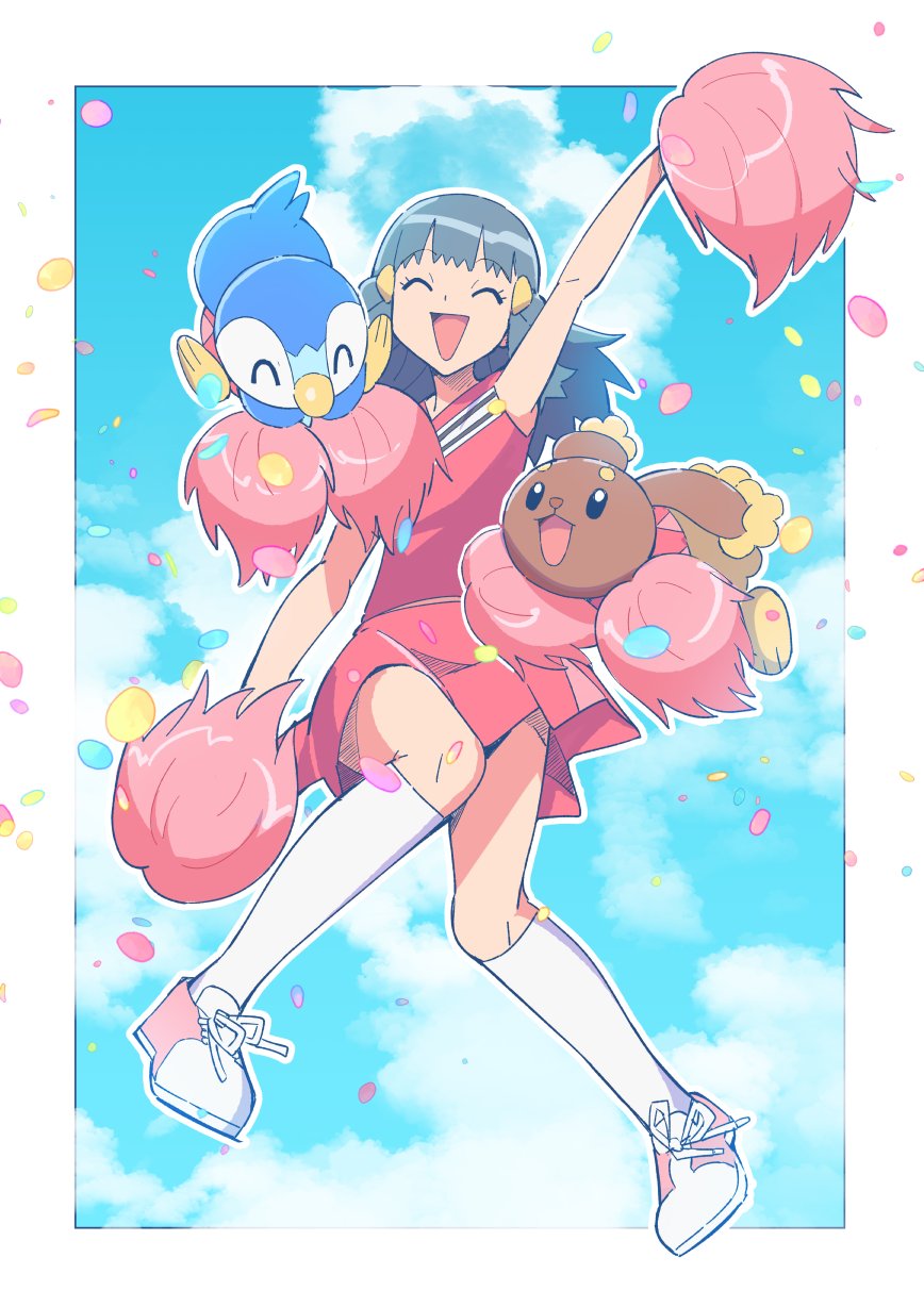 1girl :d arm_up border buneary cheerleader closed_eyes commentary_request dawn_(pokemon) etyaduke eyelashes falling_petals hair_ornament hairclip happy highres holding holding_pom_poms kneehighs knees long_hair open_mouth outline petals pink_shirt pink_skirt piplup pokemon pokemon_(anime) pokemon_(creature) pokemon_dppt_(anime) pom_pom_(cheerleading) shirt shoes skirt sleeveless sleeveless_shirt smile sneakers socks white_border white_socks