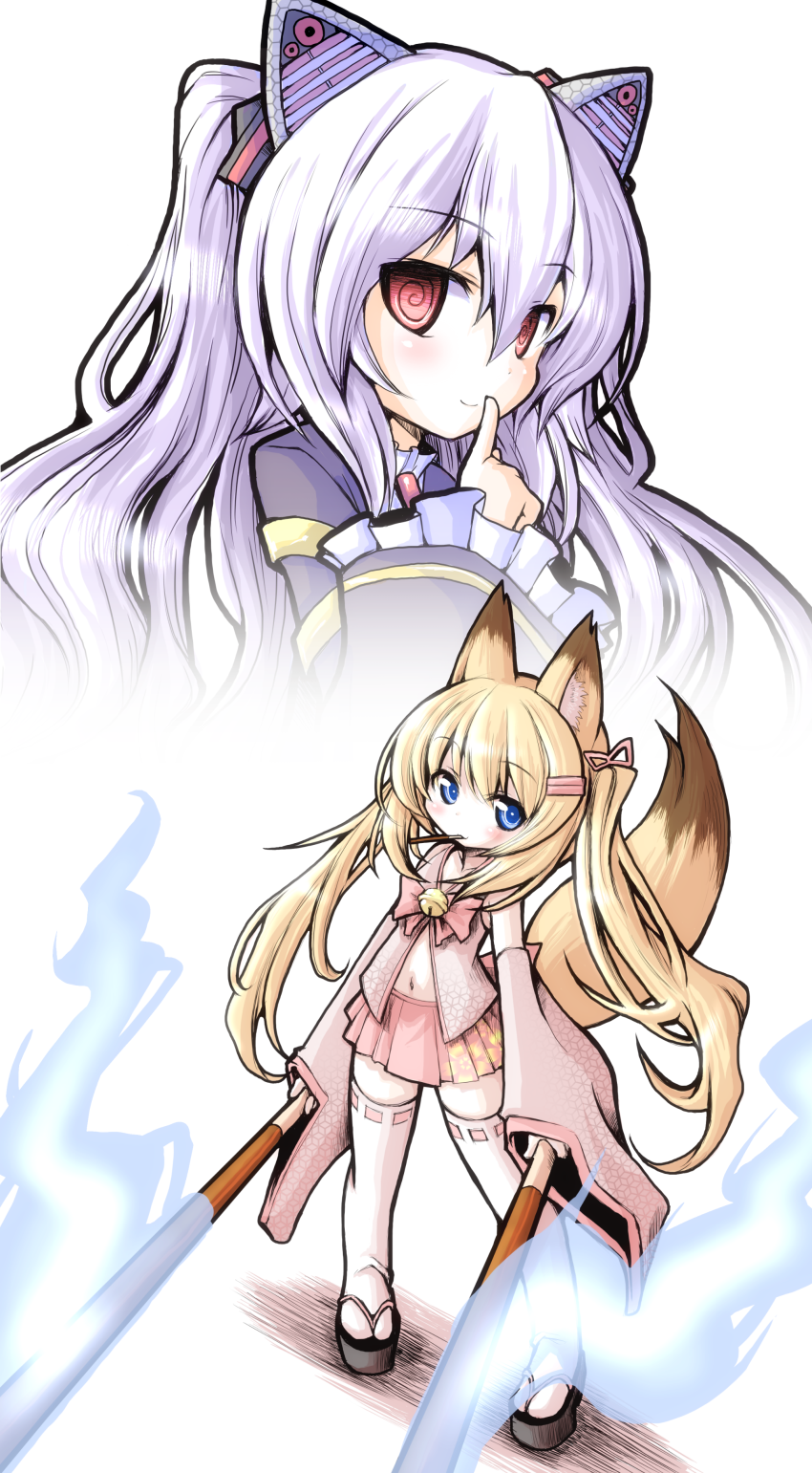 2girls @_@ animal_ears bell black_jacket blue_eyes cat_ears commentary_request detached_sleeves flat_chest food_in_mouth fox_ears fox_girl fox_tail frilled_sleeves frills hair_between_eyes hair_ornament hairclip highres jacket japanese_clothes kemomimi_oukoku_kokuei_housou long_hair long_sleeves meta'36 mikoko_(kemomimi_oukoku_kokuei_housou) multiple_girls neck_bell neck_ribbon nora_cat nora_cat_channel pink_ribbon pink_shirt pink_skirt pleated_skirt pocky_in_mouth ribbon ribbon-trimmed_thighhighs sandals shirt skirt tail thighhighs virtual_youtuber white_hair white_shirt white_thighhighs wide_sleeves