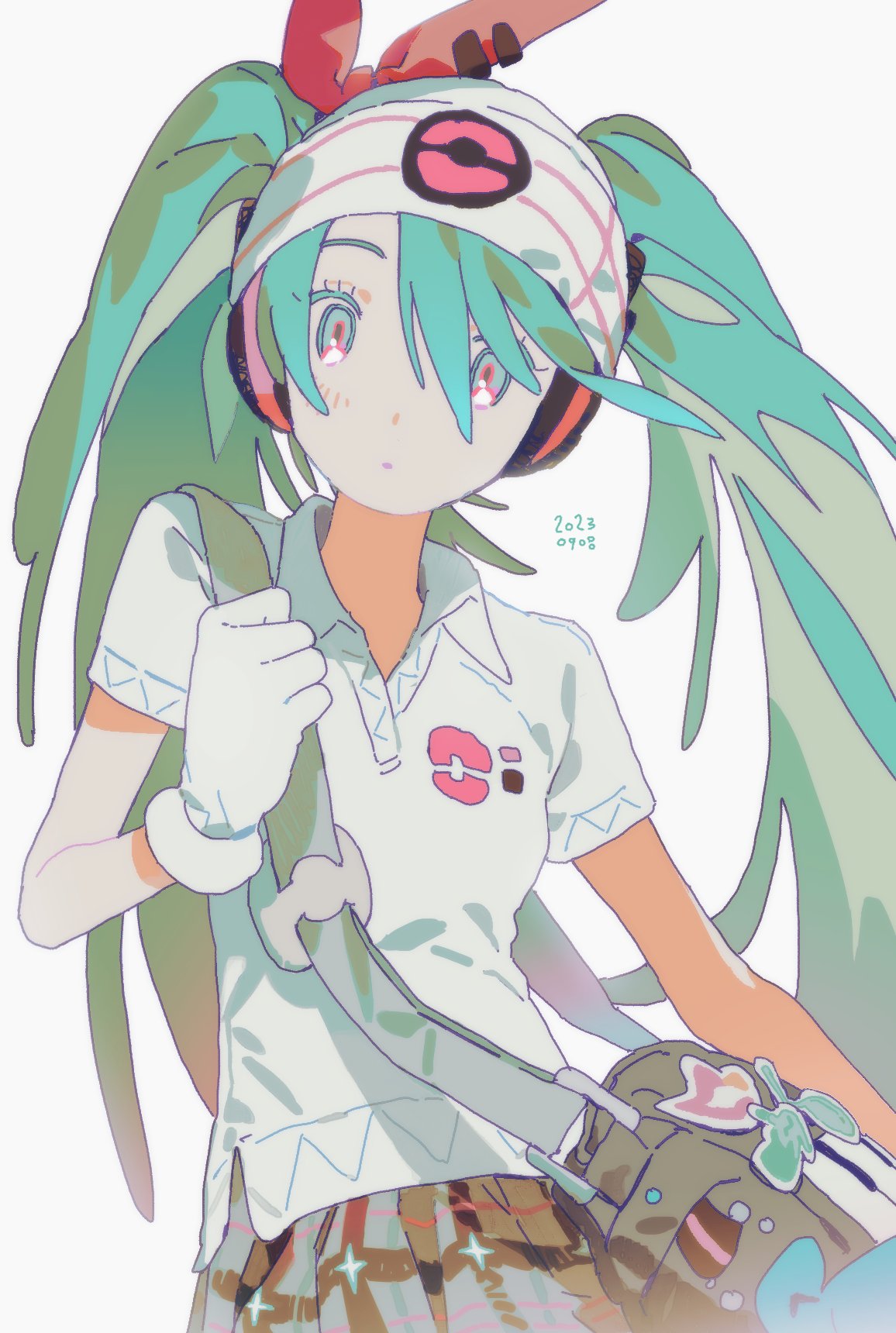 1girl aqua_hair bag beanie blue_eyes collared_shirt dated gloves hair_between_eyes hair_ribbon hand_up hat hatsune_miku headphones highres holding_strap long_hair looking_at_viewer piano_print pokemon polo_shirt project_voltage psychic_miku_(project_voltage) red_ribbon ribbon ritoon_0 shirt short_sleeves shoulder_bag simple_background solo twintails very_long_hair vocaloid white_background white_gloves white_headwear white_shirt