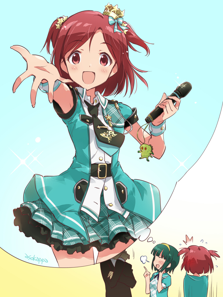 1boy 2girls ^^^ aoba_misaki artist_name asoka belt blue_background blush bow brown_eyes brown_hair brown_jacket chupacabra_(idolmaster) crossed_arms crown dot_nose flying_sweatdrops frilled_skirt frills gradient_background green_belt green_hair green_jacket green_necktie green_ribbon green_wristband hair_bow hair_ribbon hairband hands_up holding holding_microphone idolmaster idolmaster_(classic) idolmaster_million_live! idolmaster_million_live!_theater_days index_finger_raised jacket looking_at_viewer microphone mini_crown motion_lines multiple_girls necktie open_clothes open_hand open_jacket open_mouth otonashi_kotori partially_unbuttoned plaid plaid_skirt pleated_skirt reaching reaching_towards_viewer ribbon shirt short_hair short_sleeves signature skirt smile sparkle takagi_junjirou thought_bubble tie_clip two-tone_background two_side_up white_shirt yellow_background yellow_hairband