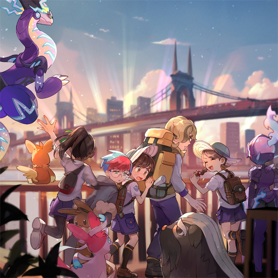 2boys 3girls :d arm_up arven_(pokemon) backpack bag black_pantyhose bridge building ceruledge cloud commentary_request day fence florian_(pokemon) glasses hat hood hood_down hoodie huan_li juliana_(pokemon) leg_up mabosstiff miraidon multicolored_hair multiple_boys multiple_girls nemona_(pokemon) open_mouth outdoors pantyhose pawmot penny_(pokemon) pokemon pokemon_(creature) pokemon_(game) pokemon_sv ponytail purple_shorts round_eyewear school_uniform shirt shoes short_sleeves shorts sky smile sylveon two-tone_hair yellow_bag