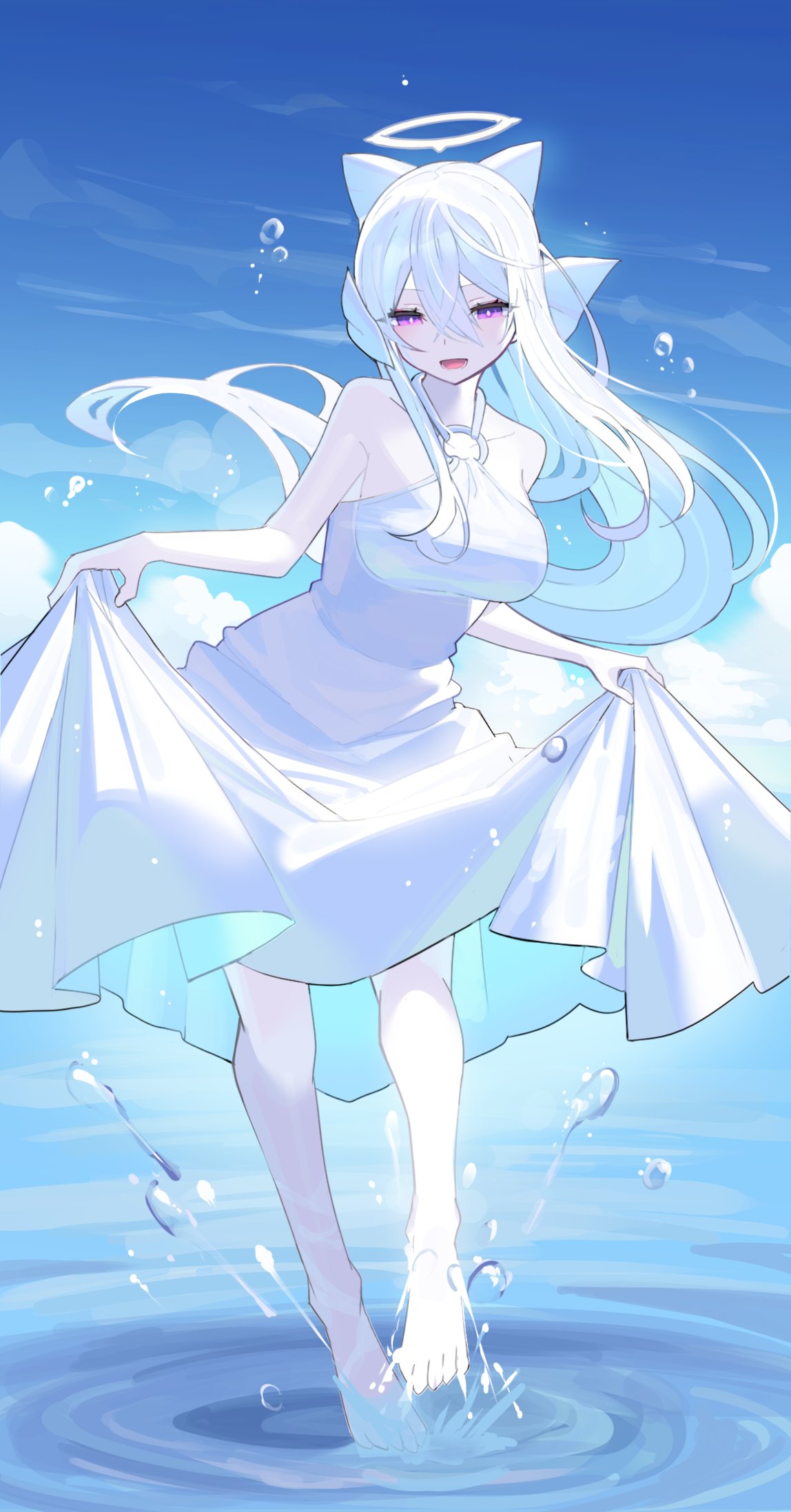 1girl bare_arms bare_legs barefoot blue_sky bow breasts cloud collarbone dress falken_(yutozin) hair_between_eyes hair_bow halo halterneck highres large_breasts long_hair o-ring o-ring_dress open_mouth original outdoors pale_skin purple_eyes ripples skirt_hold sky smile solo splashing strapless strapless_dress wading water white_dress white_hair white_halo