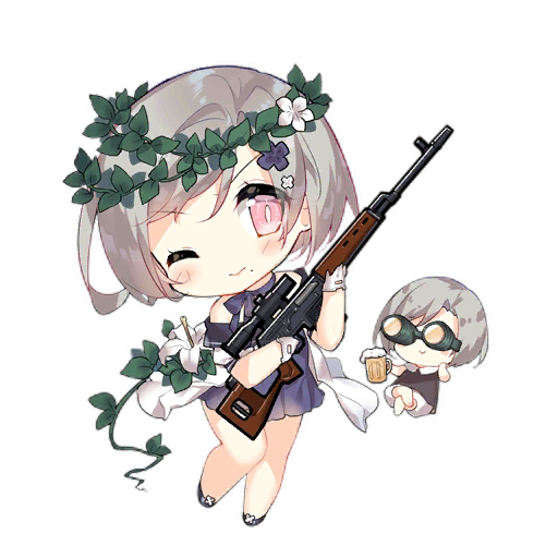 2girls :&gt; =_= bare_legs bare_shoulders beer_mug black_footwear blue_dress blue_flower blue_ribbon blush blush_stickers brown_dress chibi closed_mouth crossed_legs crosshair_pupils cup dragunov_svd dress dress_flower fairy_(girls'_frontline) flower flower_request footwear_flower full_body girls'_frontline gloves goggles grey_hair gun hair_flower hair_ornament hand_on_own_cheek hand_on_own_face head_wreath holding holding_cup holding_gun holding_weapon looking_at_viewer mole mole_under_mouth mug multiple_girls neck_ribbon off-shoulder_dress off_shoulder official_art one_eye_closed pink_eyes ribbon rifle saru scope short_hair simple_background slit_pupils sniper_fairy_(girls'_frontline) sniper_rifle third-party_source transparent_background weapon white_flower white_gloves