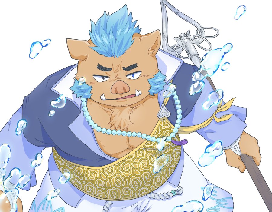 anthro belly blue_hair brown_body brown_fur fur gouryou hair imoko0114 lifewonders male monk musclegut pecs prayer_beads simple_background solo staff tokyo_afterschool_summoners tusks water white_background