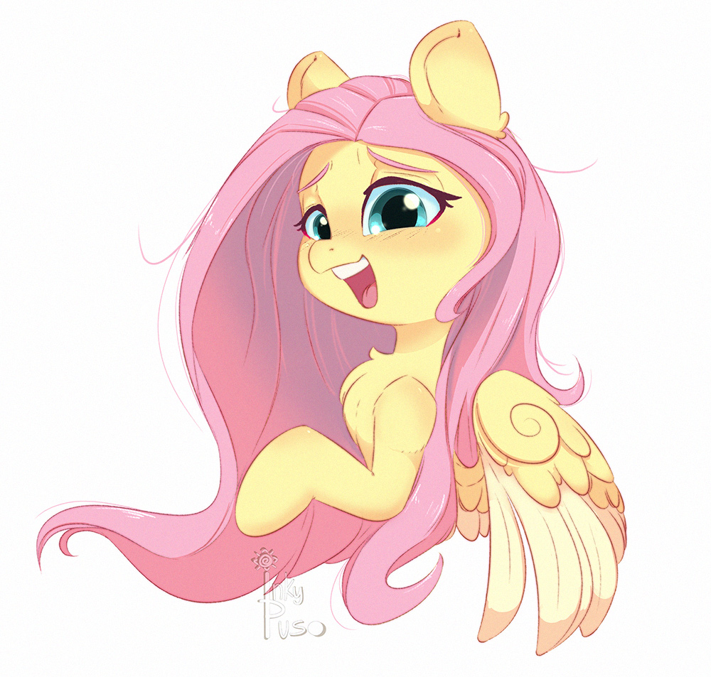 blue_eyes blush chest_tuft digital_media_(artwork) equid equine feathered_wings feathers female feral fluttershy_(mlp) friendship_is_magic fur hair hasbro inkypuso long_hair mammal my_little_pony pegasus pink_hair signature simple_background smile solo tuft white_background wings yellow_body yellow_feathers yellow_fur