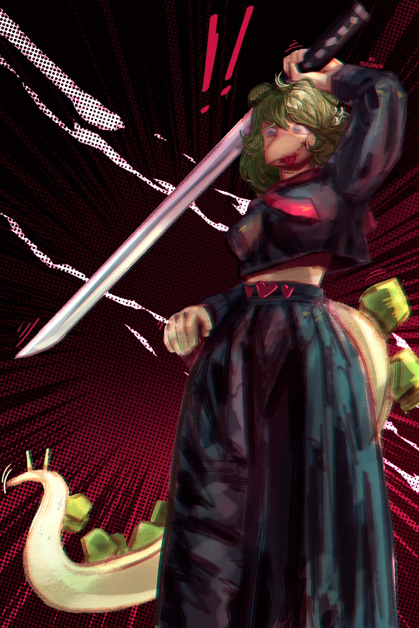 &lt;3 5_fingers absurd_res anthro black_bottomwear black_clothing black_shirt black_skirt black_topwear blep blue_eyes bottomwear breasts clothing colored crop_top dinosaur female fingers goodbye_volcano_high green_body green_hair green_scales green_spikes hair hi_res holding_katana holding_object holding_sword holding_weapon katana long_tail melee_weapon ornithischian pose reptile scales scalie shirt simple_background skirt snoot_game snout solo spiked_tail spikes spikes_(anatomy) stegosaurian stegosaurus stella_(snoot_game) sword tail tail_plates teguimore thyreophoran tongue tongue_out topwear weapon