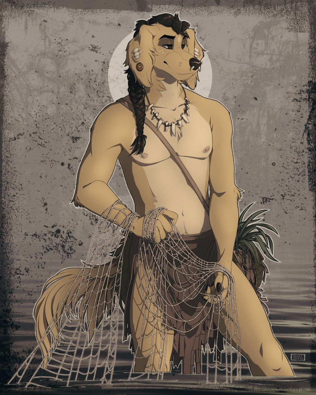 anthro black_hair bone bone_necklace bone_piercing bottomwear braided_hair canid canine canis clothing domestic_dog ear_piercing facial_piercing fishing_net fur gauged_ear hair half-closed_eyes hi_res jewelry loincloth long_hair male mammal narrowed_eyes necklace net nose_piercing partially_submerged pattern_background piercing satchel simple_background sleepy_poss solo standing_in_water tribal water yellow_body yellow_fur