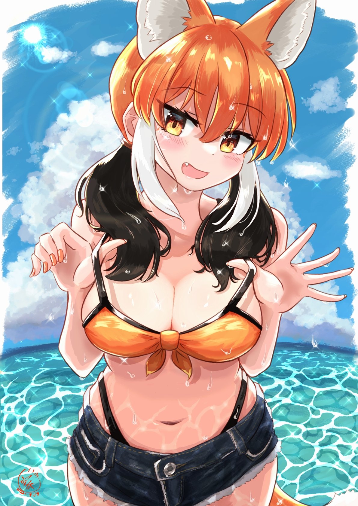 1girl animal_ears bangs bikini bikini_under_clothes black_hair breasts buttons cleavage day denim denim_shorts dripping extra_ears eyelashes fang fingernails fisheye front-tie_bikini_top front-tie_top hair_between_eyes hands_up head_tilt highres kemono_friends long_hair looking_at_viewer maned_wolf_(kemono_friends) multicolored_hair nail_polish navel ocean open_mouth orange_hair orange_nails outdoors outstretched_hand short_shorts shorts sky smile solo spread_fingers stomach sun sunlight swimsuit tail teasing tsuppushi twintails upper_body water wet wet_clothes wet_face wet_hair white_hair wolf_ears wolf_girl wolf_tail yellow_eyes